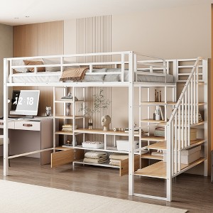 TiramisuBest Full Size Metal Loft Bed with Staircase,Low Storage Table and Storage Shelves - 1 of 4