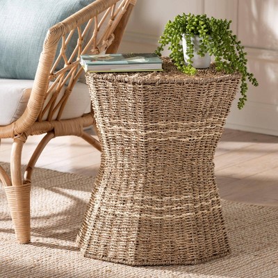 Natural Brown Seagrass Hourglass End Table with Metal Frame