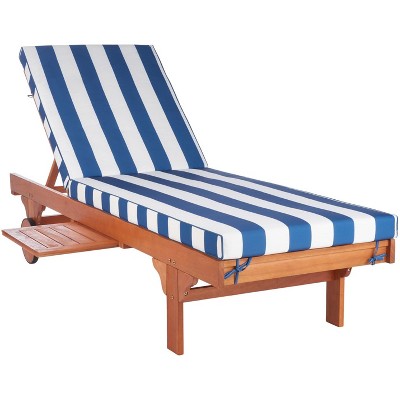 Natural Eucalyptus Wood Chaise Lounge with Blue and White Cushions