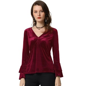 INSPIRE CHIC Women's Regular Fit V Neck Velvet Flare Long Sleeve Peplum Blouse - 1 of 4