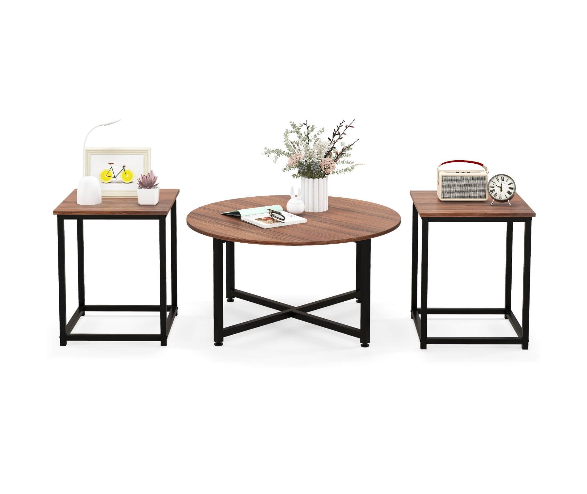 Costway 3 PCS Coffee Table Set Round Coffee Table and 2PCS Square End Tables Metal Frame Walnut