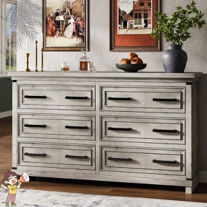 Jojoka 6 Drawer Dresser for Bedroom, Rustic Wooden Chest of Drawers with Vintage Handles, Storage Cabinet and TV Stand for Living Room, Antique Light - 1 of 4