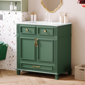 TUYOHW Bathroom Vanity with Ceramic Sink, Solid Wood Frame Bathroom Storage Cabinet with Soft Closing Doors, Green - 1 of 4