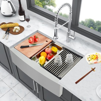 Farmhouse Kitchen Sink 30x22 Inch, Apron Front 304 Stainless Steel Drop-In Sinks, 16 Gauge Single Bowl Sink with Ledge & Accessories