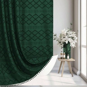 Dark GreenShower Curtain, 72x72 Woven Fabric, Chevron Striped Modern Farmhouse Minimalist Cloth Bathroom Curtain - 1 of 4