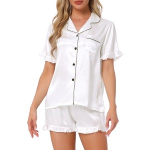INSPIRE CHIC Women's Satin Silky Short Sleeve Shorts Button Down Lingerie Ruffle Pajamas Set - 1 of 4