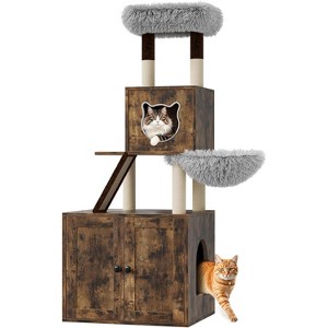 Modern 2-in-1 Cat Tree & Hidden Litter Box Enclosure – Wooden Tower with Condo, Hammock, Scratching Post, Plush Perch & Removable Pompoms - 1 of 4