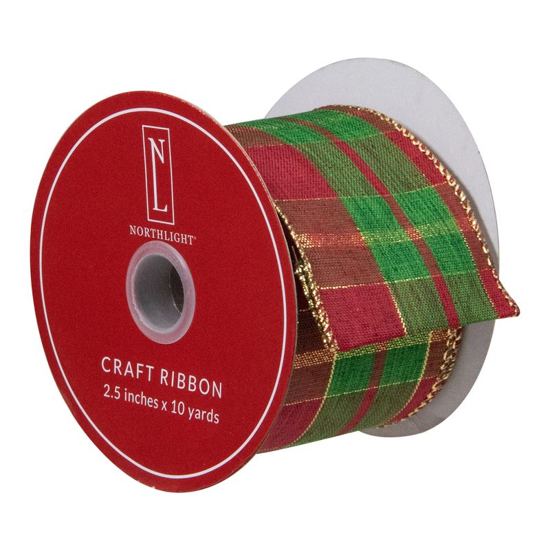 Northlight Red, Green and Gold Plaid Christmas Wired Craft Ribbon 2.5" x 10 Yards, 3 of 4