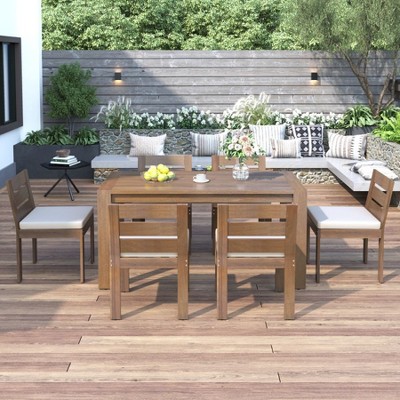 YOOCOZZ 7-Piece Outdoor Patio Acacia Wood Dining Set with Cushioned Seats - Natural
