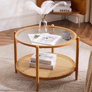 VINGLI Double-Layered Round Water Ripple Glass and PE Rattan Tabletop Matched with Heat Transfer Wood Grain Iron Frame Coffee Table - 1 of 4