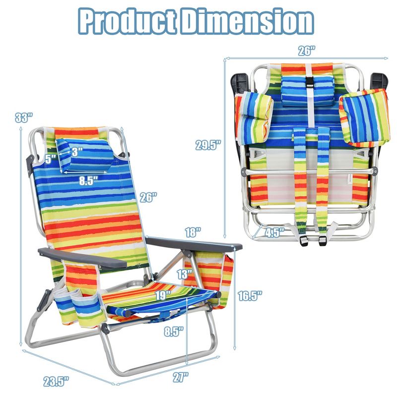 Costway 4PCS Folding Backpack Beach Chair Reclining Camping Chair with Storage Bag Blue/Pink//Pattern/Yellow, 3 of 11