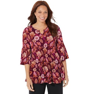 Catherines Women's Plus Size Petite Affinity Chain Pleated Blouse - 1 of 4