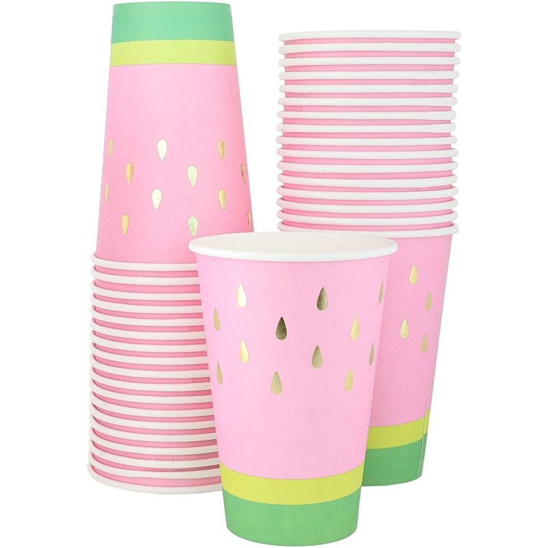 Blue Panda 50 Pack Watermelon Paper Cups with Gold Foil for Summer Party Supplies (12 oz), 1 of 5