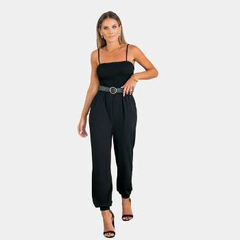 Women's Black Square Neck Tapered Leg Jersey Jumpsuit - Cupshe