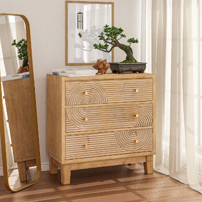 JIONJOY Handcrafted Wooden 3-Drawer Dresser with Artisan Ring Detailing