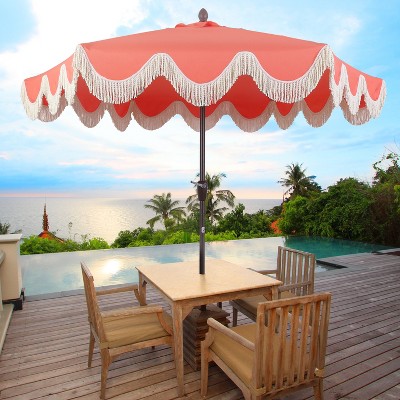 Collins 9 ft. Coral Red and Cream Tassel Patio Umbrella with Auto-Tilt