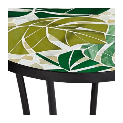 Contemporary Black Metal and Green Leaf Mosaic Outdoor Side Table