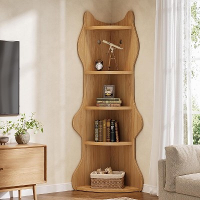 Tribesigns 5-Tier Corner Shelf, 72" Tall Corner Bookshelf with Cat-Shape, Modern L-Shaped Bookcase, Organizer for Bedroom, Living Room,Brown