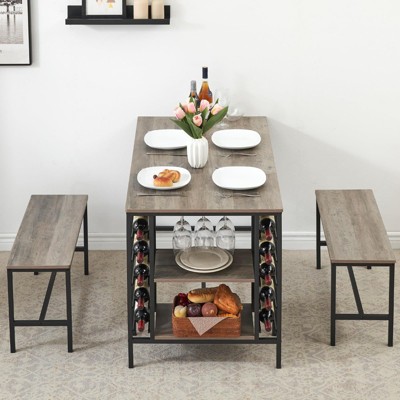 Dining Table Set for 4, Kitchen Table Set for 4 with 2 Benches, Rectangular Dining Room Table Set with Wine Rack