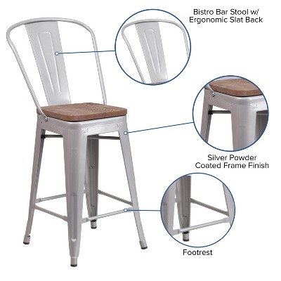 Silver Metal Counter Stool with Curved Slatted Back and Textured Wood Seat