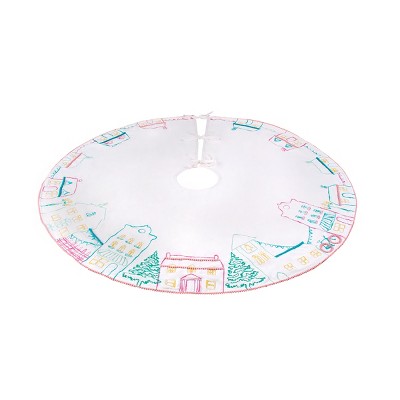 52" White Cotton Velvet Village Scene Embroidered Tree Skirt