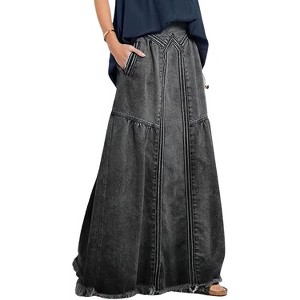 Women's Retro Denim Maxi Skirt - High Waist A-Line with Frayed Hem & Pockets Black - 1 of 4