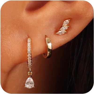 Freekiss 3 Pairs Gold Hoop Earrings Set: Dainty Stud Earrings Trendy Small 14K Gold Plated Hypoallergenic Dangle Cartilage