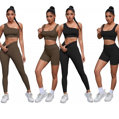 INSPIRE CHIC 2 Sets Women's Exercise Yoga Outfits Scoop Neck Seamless Ribbed Shorts High Waist Shapers