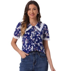 INSPIRE CHIC Women's Peter Pan Collar Lace Trim Embroidered Casual Floral Blouse - 1 of 4