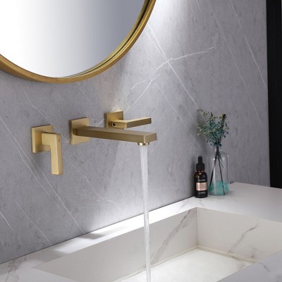 Brushed Gold Wall-Mount 2-Handle Bathroom Faucet