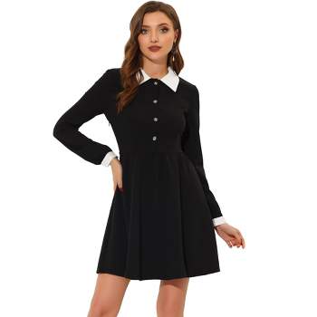 Allegra K Juniors Plaid Grid Peter Pan Collar Long Sleeve A-Line Vintage Tweed Dress, Women's, Size: Medium, Black