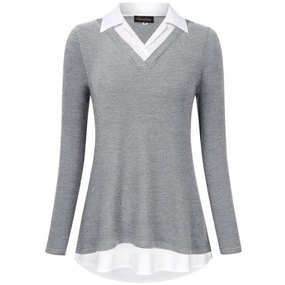 WhizMax Women's Long Sleeve Contrast Collared Shirts Patchwork Work Blouse Tunics Tops