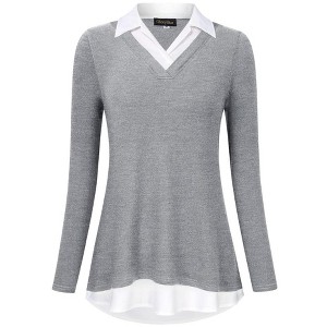WhizMax Women's Long Sleeve Contrast Collared Shirts Patchwork Work Blouse Tunics Tops - 1 of 4