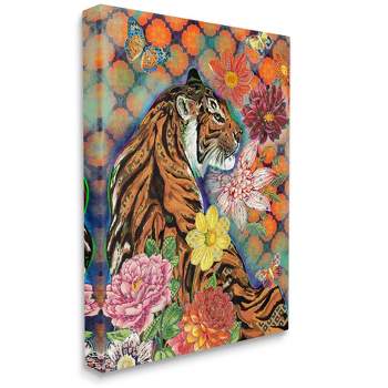 Stupell Industries Jungle Tiger Cat Over Orange Arabesque Floral Pattern Gallery Wrapped Canvas Wall Art, 16 x 20