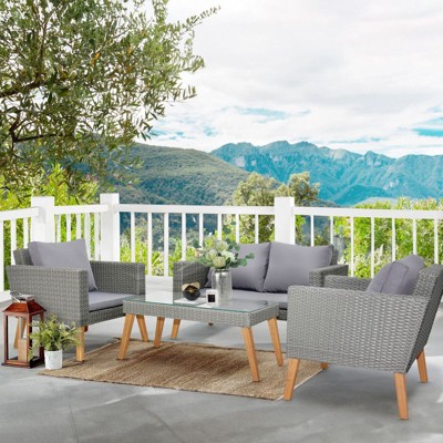 Karl Home 4-Piece Acacia Wood Wicker Patio Conversation Set with Cushions