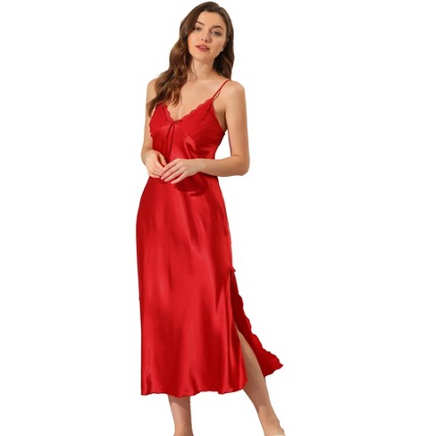 Cheibear Womens Pajama Dress Spaghetti Strap Nightdress Cami Lounge Satin  Nightgowns Red 2x Large : Target