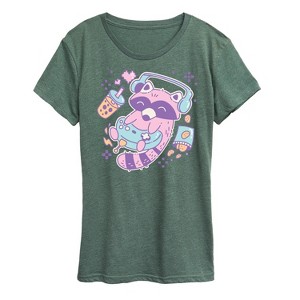 Women's - Instant Message - Kawaii Racoon Gamer Short Sleeve Graphic T-Shirt - 1 of 4