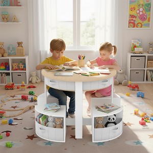 5-Piece Kids Table & Chair Set, Wooden Round Nesting Design with 4 Storage Stools & Fabric Drawers - 1 of 4