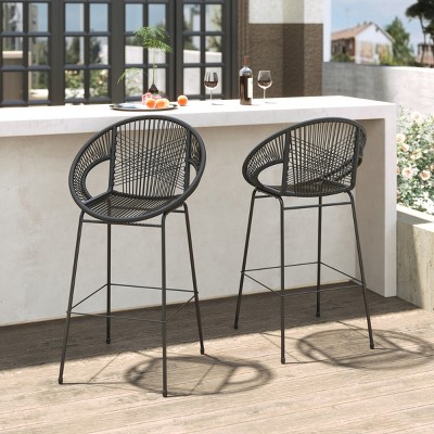 Set of 4 Outdoor Patio Barstools,Faux Wicker Bar Stools with Iron Frame,Modern Woven Bar Chairs for Garden or Balcony-Cuddlewood