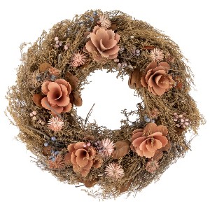 Northlight Orange and Coral Pink Twig and Floral Autumn Harvest Wreath, 13.75-Inch, Unlit - 1 of 3
