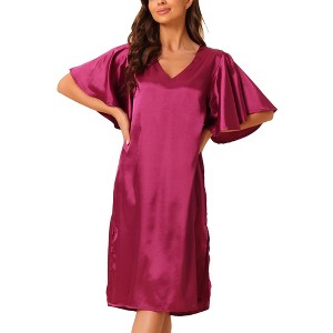 cheibear Women's Satin Nightdress Flare Bell Short Sleeve Sleep Dress Nightgown - 1 of 4