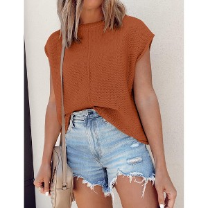 Womens Summer Cap Sleeve Tops Trendy Casual Crew Neck Knit Lightweight Sweater Pullover Top - 1 of 4