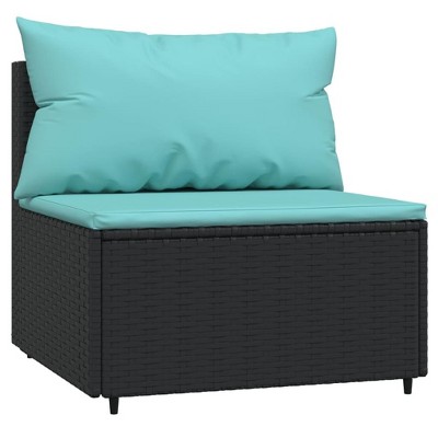 vidaXL Black Patio Middle Sofa with Water Blue Cushions - Weather Resistant PE Rattan, Powder-Coated Steel Frame, and Modern Modular Design