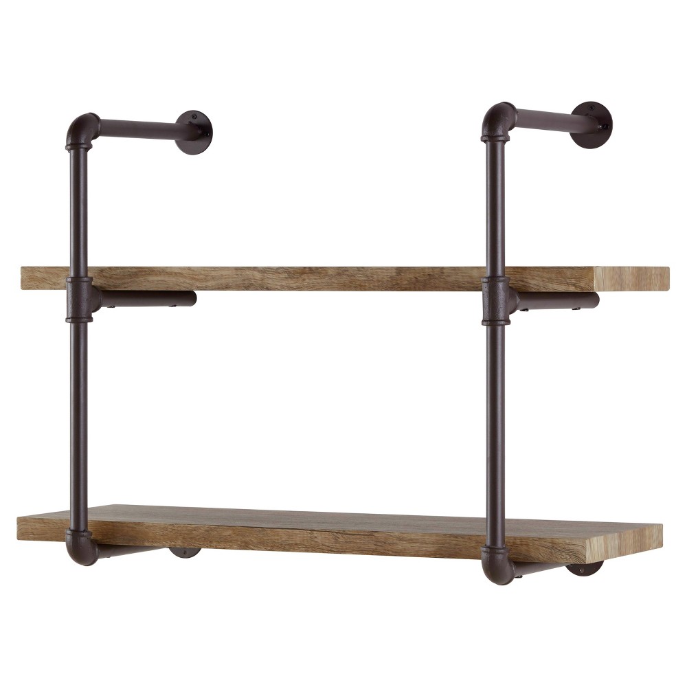 Photos - Garden & Outdoor Decoration 31.5" x 24" Two Tier Industrial Pipe Wall Shelf Brown - Danya B.: Rustic Open Bracket, Laminated Metal