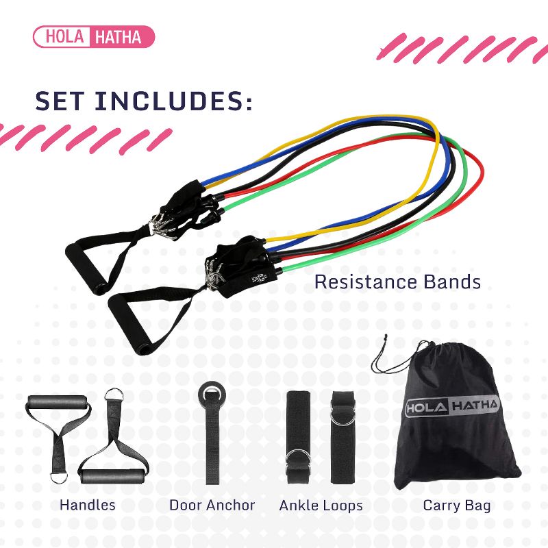 HolaHatha Resistance Band Workout Set Up to 110 Pounds Max with 5 Bands, 2 Padded Handles, 2 Ankle Straps, Door Anchors and Carry Bag, 4 of 7