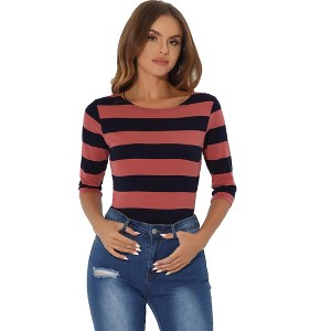 INSPIRE CHIC Women's Stripes Casual Basic Elbow Sleeves Boat Neck Slim Fit T-Shirts - 1 of 4