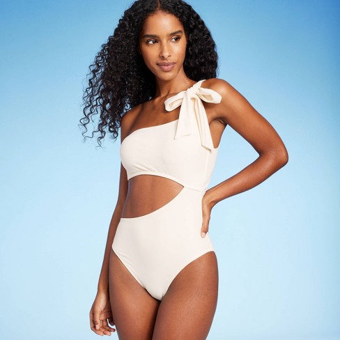 Women's One Shoulder Bow Cut Out One Piece Swimsuit - Shade & Shore™  Off-White XS