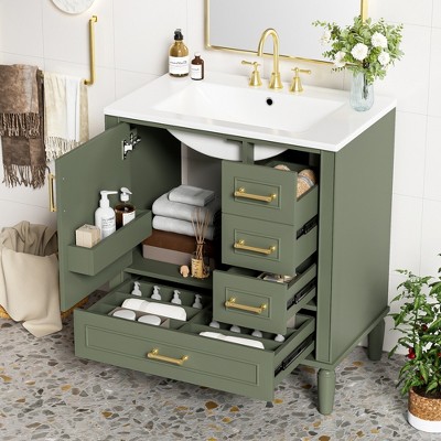 KTMBDW Bathroom Vanity with Ceramic Sink, Bathroom Vanity Cabinet with Door with 4 Drawers, 30 Inches Wooden Cabinet