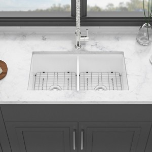 Gulches 32" Undermount/Dual Mount White Ceramic Double Bowl Kitchen Sink, Rectangular Deep Basin, 32x19x10" - 1 of 4