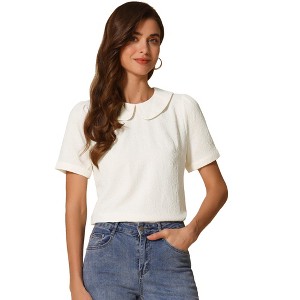 INSPIRE CHIC Women's Floral Jacquard Puff Short Sleeve Peter Pan Collar Blouse - 1 of 4